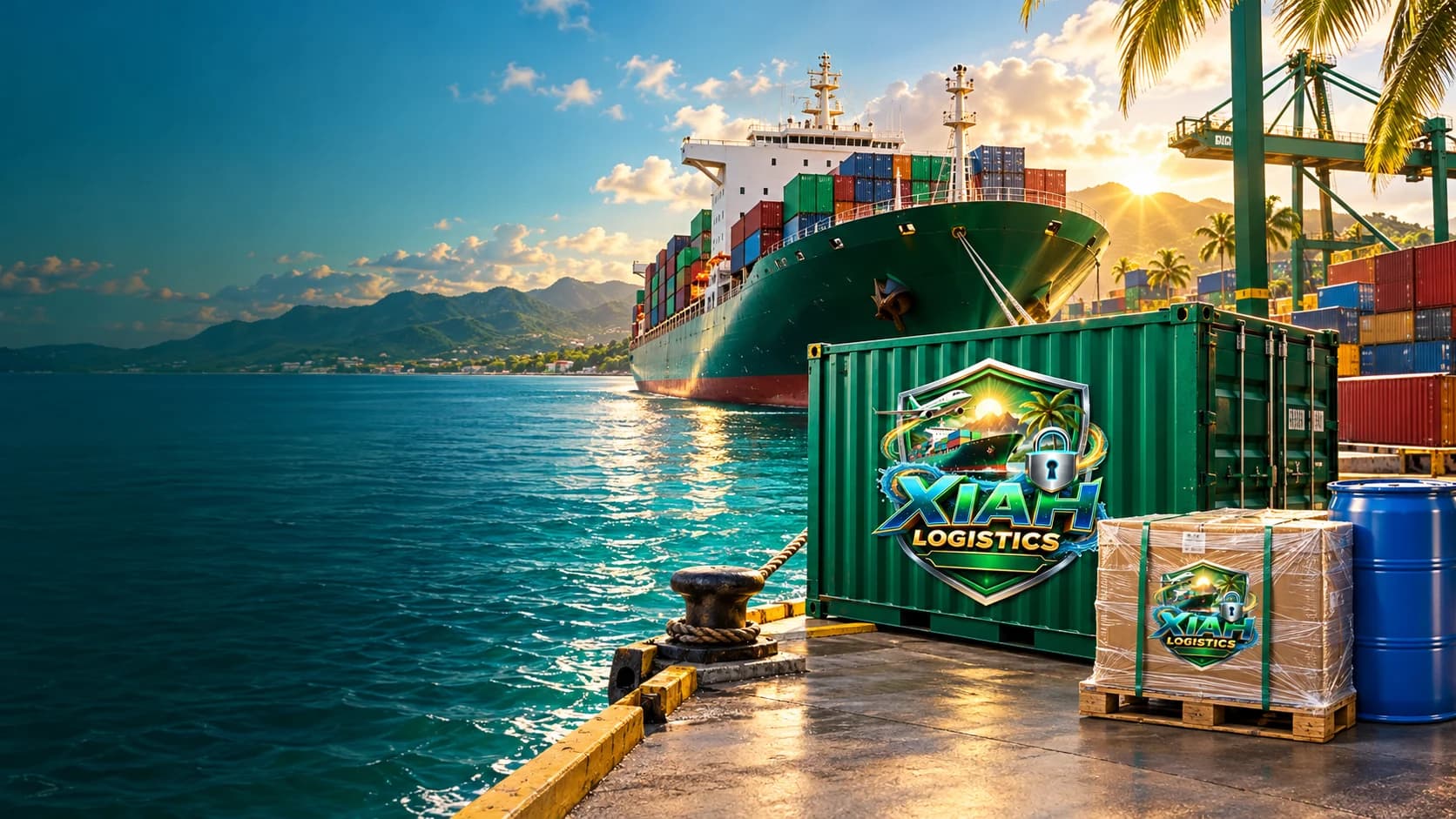 A cargo ship, shipping barrel and Xiah Logistics container at a Caribbean port
